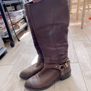 Franco Sarto Brown Leather Riding Boots with Gold Buckle